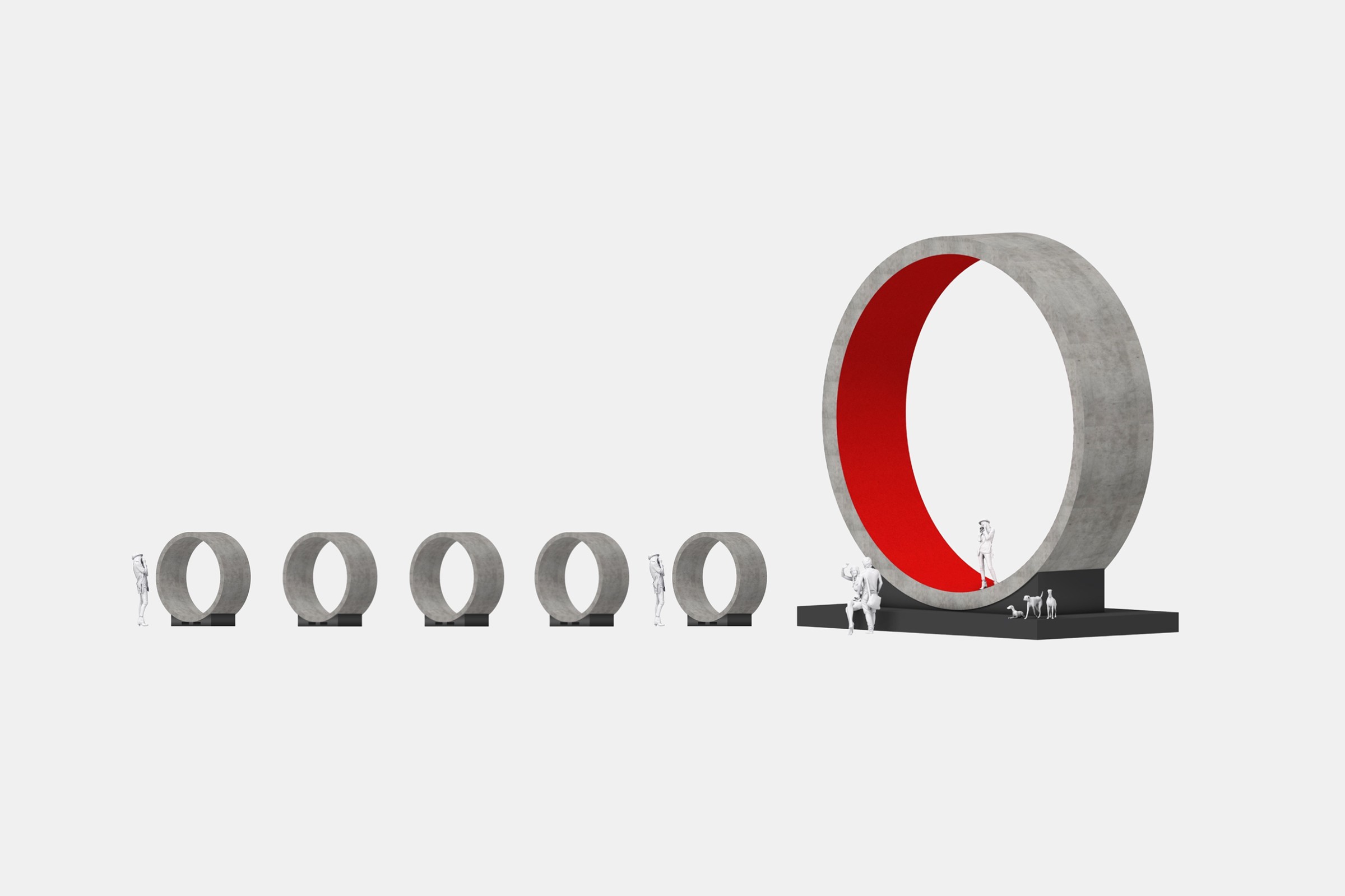 Render study showing the scale progression of the tunnel rings up to the large red ring